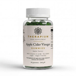 Front of the jar: Therapium Apple Cider Vinegar Gummies, apple flavour, no added sugar, vegan friendly, 60 gummies