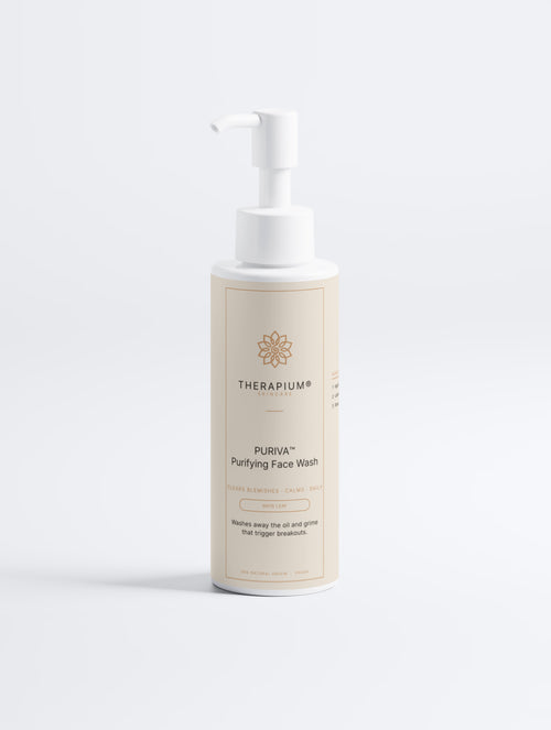 Therapium PURIVA™ Purifying Face Wash luxury bottle packaging in cream and copper