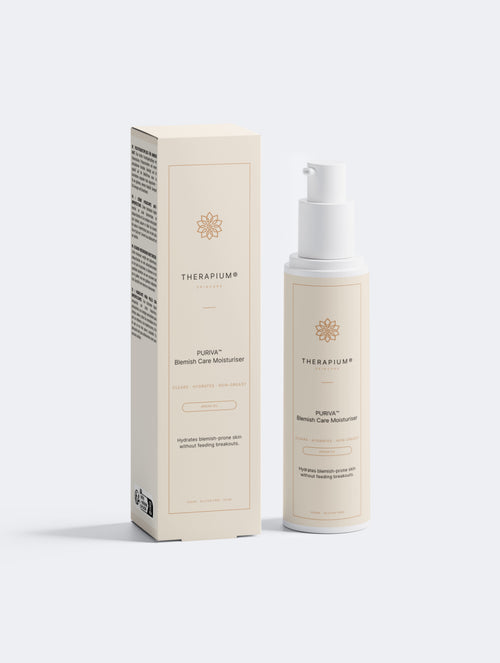 Therapium PURIVA™ Blemish Care Moisturiser luxury bottle and carton packaging in cream and copper