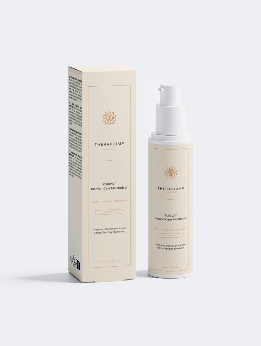 Therapium PURIVA™ Blemish Care Moisturiser luxury bottle and carton packaging in cream and copper