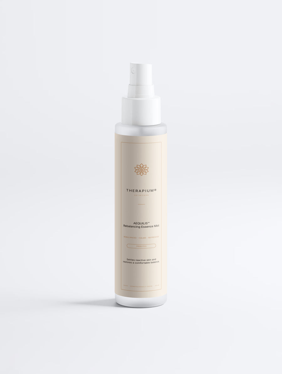 Therapium AEQUILIS™ Rebalancing Essence Mist with Prebiotics and Hyaluronic Acid, 100 ml spray bottle in cream and copper packaging