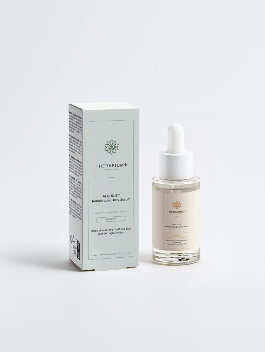 Therapium AEQUILIS™ Rebalancing Jelly Serum with Bioactive Prebiotics, 30 ml dropper bottle in cream and copper packaging