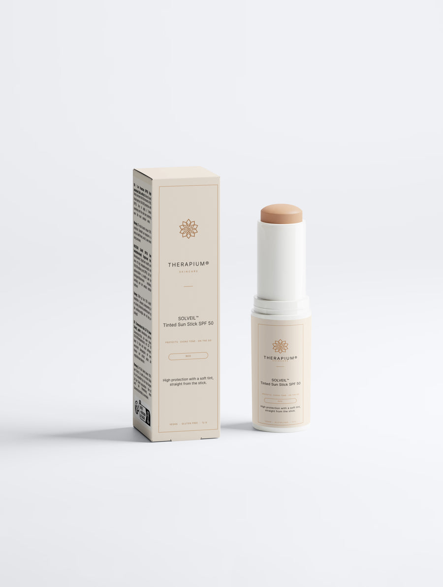 Therapium SOLVEIL™ Tinted Sun Stick SPF 50 with Mineral Pigments and Rice Bran Wax, 12 g stick in cream and copper packaging