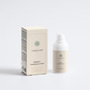 Therapium SERAVIA™ Calming Eye Cream, airless pump bottle next to its carton, front view on a plain studio background