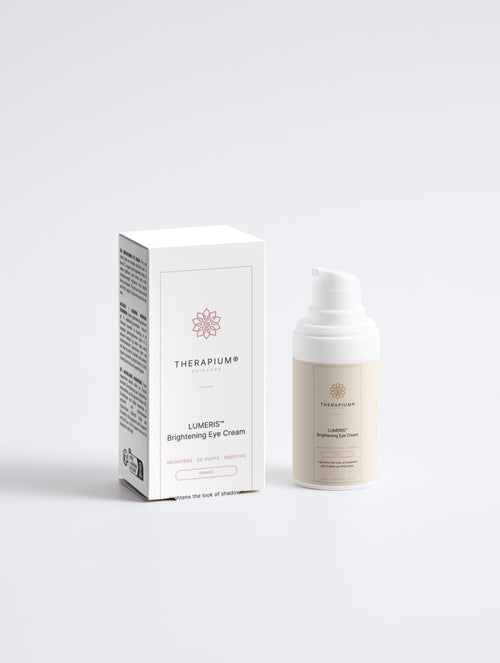 Therapium LUMERIS™ Brightening Eye Cream, 15 ml airless pump bottle next to its carton, front view on a plain studio background