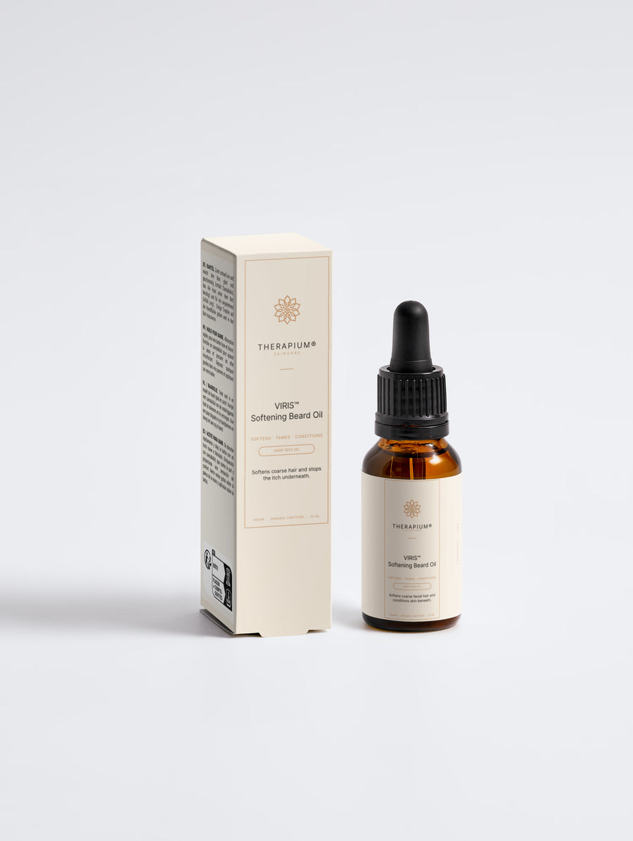 Therapium VIRIS™ Softening Beard Oil dropper bottle next to its carton, front view on a plain studio background