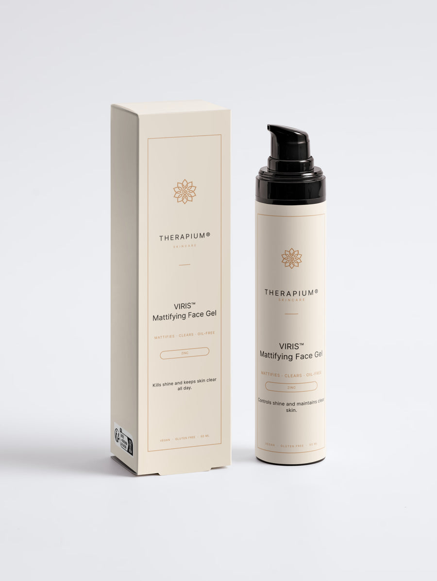Therapium VIRIS™ Mattifying Face Gel, airless pump bottle with a black cap next to its carton, front view on a plain studio background
