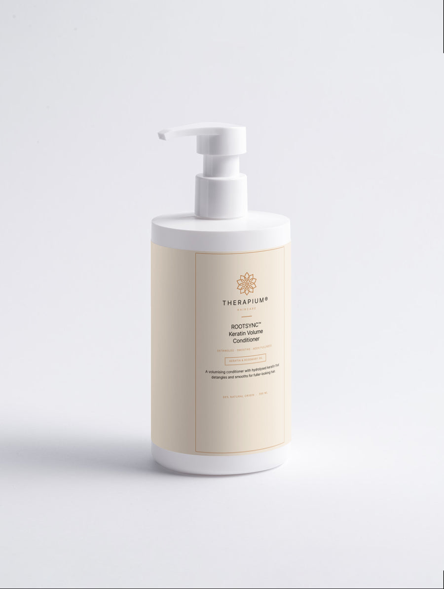 Therapium ROOTSYNC™ Keratin Volume Conditioner, 390 ml white pump bottle with cream and copper label, front view