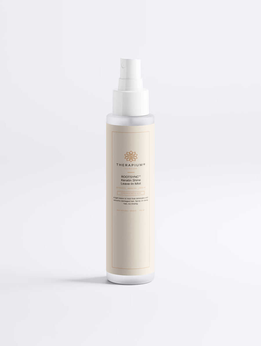 Therapium ROOTSYNC™ Keratin Shine Leave-In Mist, 100 ml white spray bottle with cream and copper label, front view