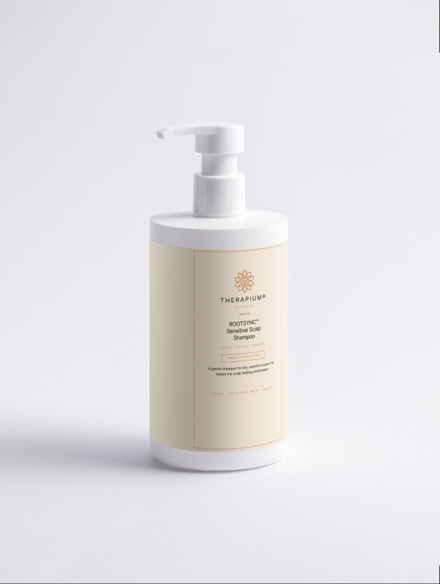 Therapium ROOTSYNC™ Sensitive Scalp Shampoo, 400 ml white pump bottle with cream and copper label, front view