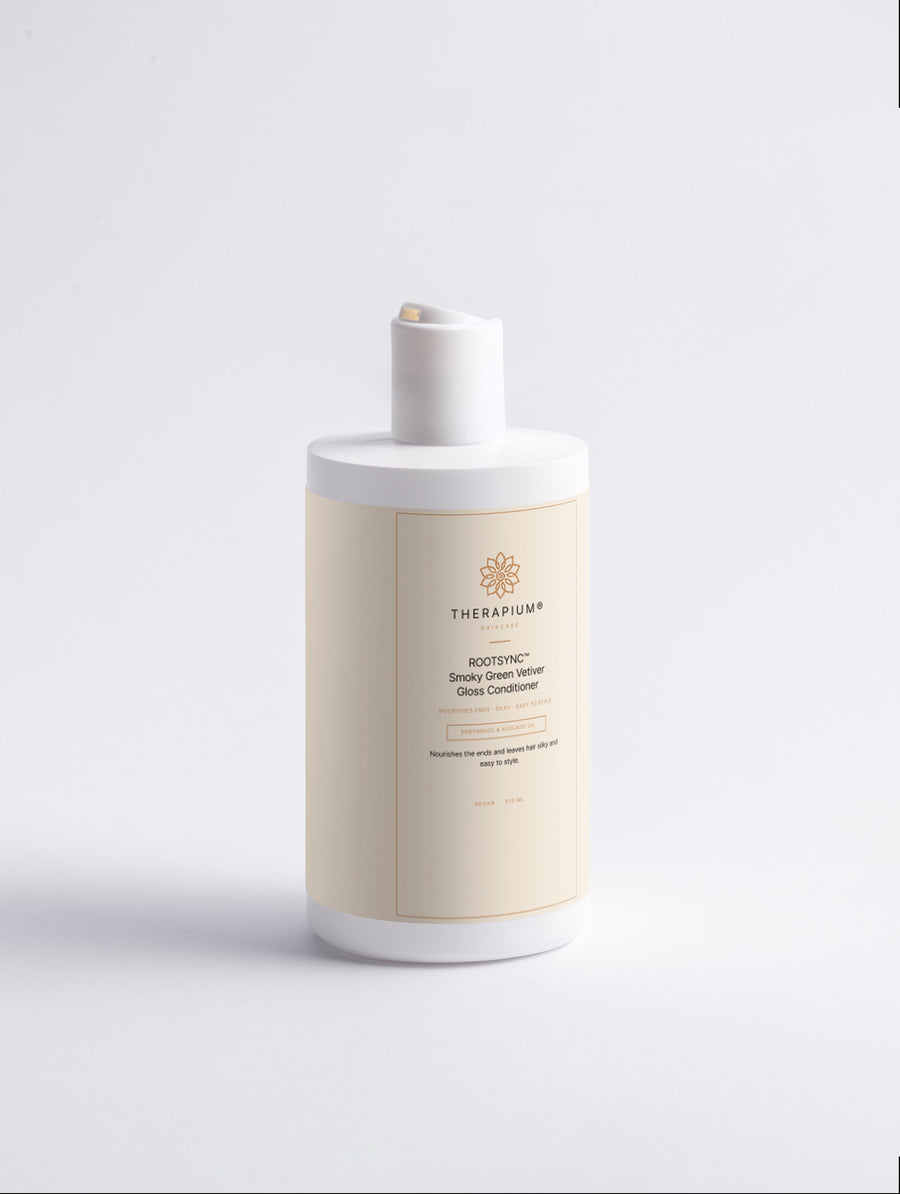 Therapium ROOTSYNC™ Smoky Green Vetiver Gloss Conditioner, 370 ml white bottle with cream and copper label, front view