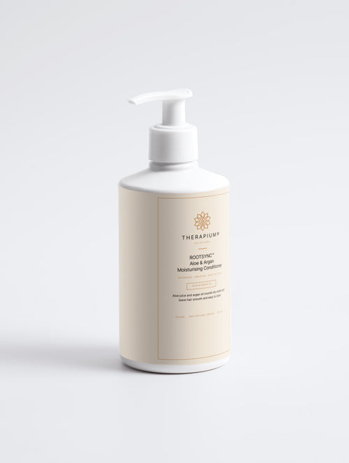 Therapium ROOTSYNC™ Aloe & Argan Moisturising Conditioner, 290 ml white bottle with cream and copper label, front view