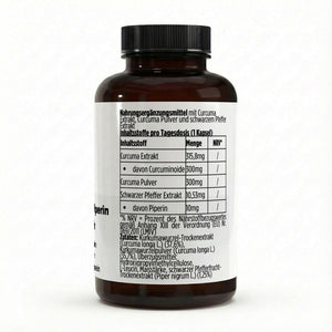 Therapium Turmeric with Piperine, a jar of 60 vegan capsules with extract at 95% curcuminoids