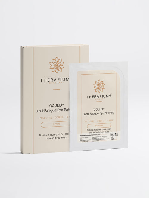 Therapium OCULIS™ Anti-Fatigue Eye Patches luxury carton and foil sachet packshot in cream and copper