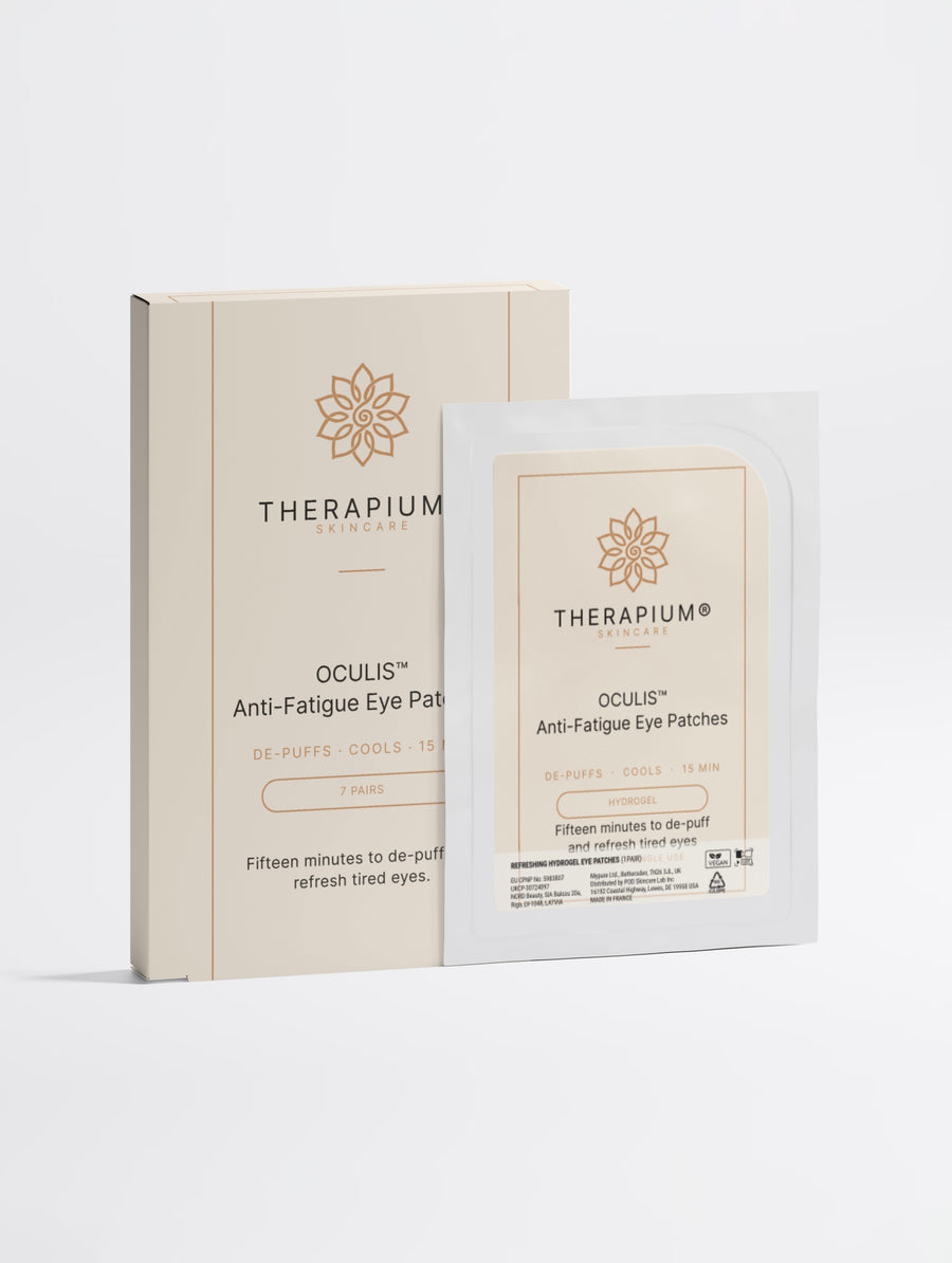 Therapium OCULIS™ Anti-Fatigue Eye Patches luxury carton and foil sachet packshot in cream and copper