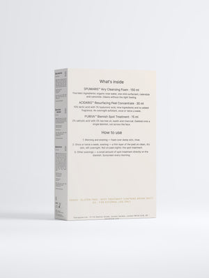 Therapium Clear Skin Set gift box, back of the sleeve listing the three products and how to use them