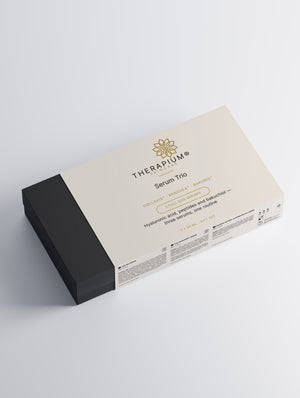 Therapium Serum Trio gift box shown at an angle, black base and printed sleeve