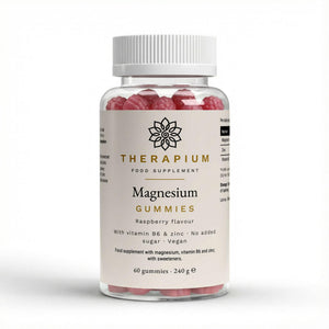 Front of the jar: Therapium Magnesium Gummies, raspberry flavour, no added sugar, vegan, 60 gummies