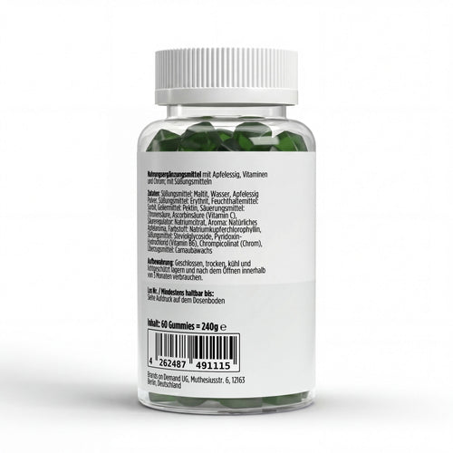 Therapium Apple Cider Vinegar Gummies, a jar of 60 apple gummies with vitamin C, vitamin B6 and chromium