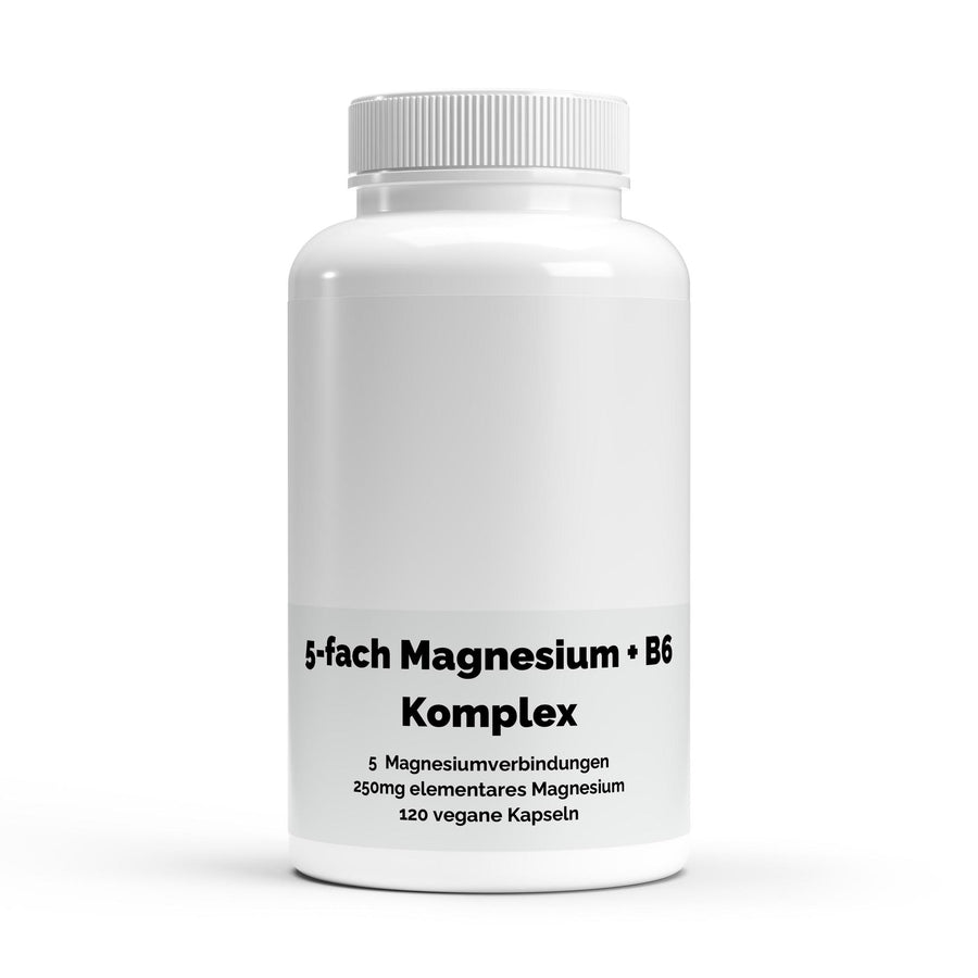 Therapium Magnesium 5x Complex, a jar of 120 vegan capsules with five forms of magnesium and vitamin B6