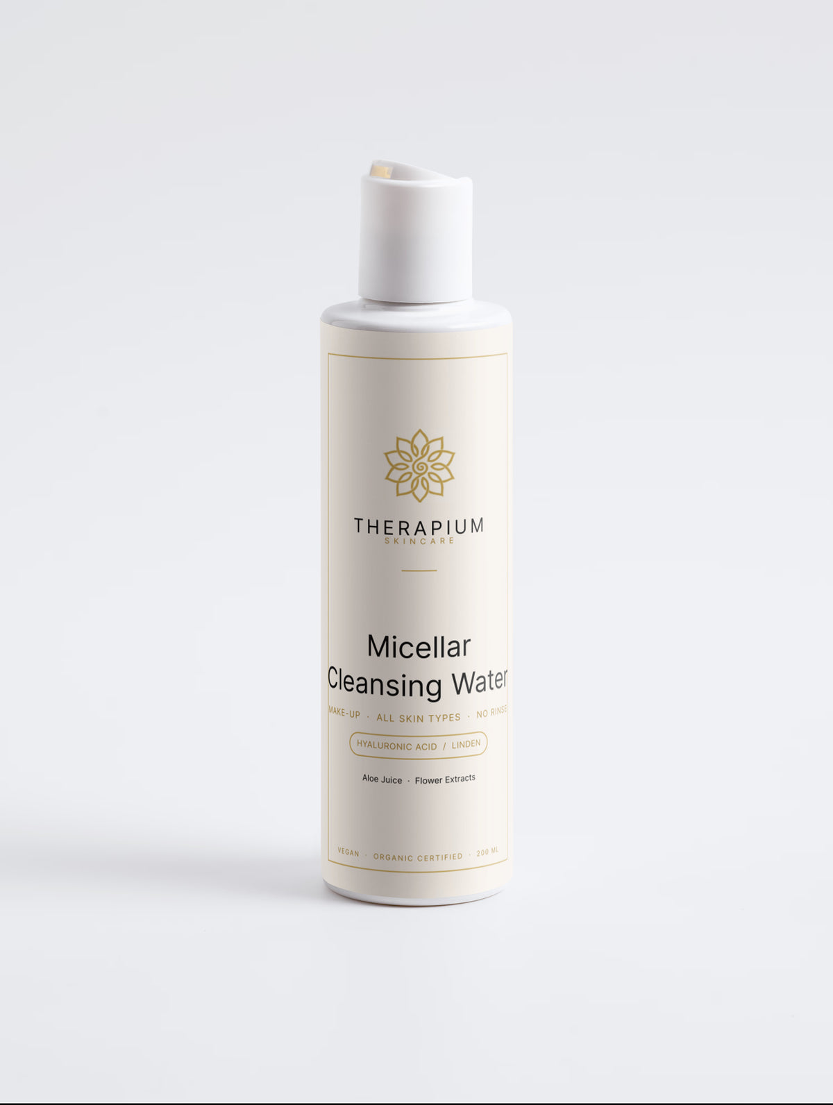 Therapium Micellar Cleansing Water, 200 ml cream bottle with a white flip cap, front label listing hyaluronic acid, linden and aloe juice