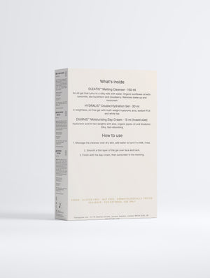 Therapium Hydration Set gift box, back of the sleeve listing the three products and how to use them