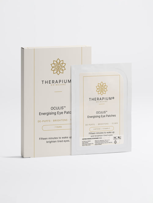 Therapium OCULIS Energising Eye Patches next to its carton, front view on a plain studio background
