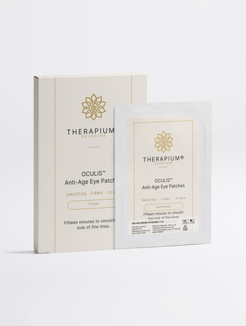 Therapium OCULIS Anti-Age Eye Patches next to its carton, front view on a plain studio background