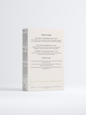 Therapium COLLAVIS Night Set gift box, back of the sleeve listing the three products and how to use them
