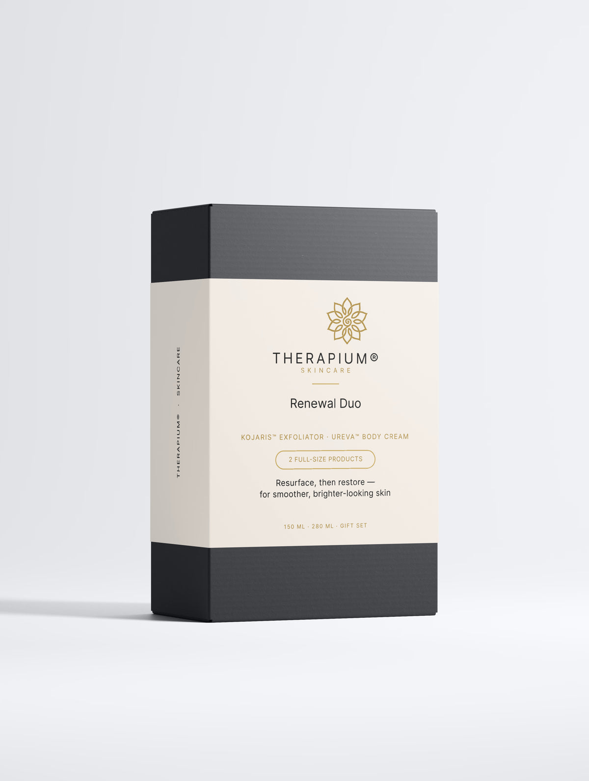 Therapium Renewal Duo gift box, front of the printed sleeve on a plain studio background