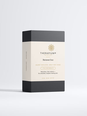 Therapium Renewal Duo gift box, front of the printed sleeve on a plain studio background
