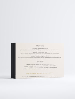 Therapium Serum Trio gift box, back of the sleeve listing the three serums and how to use them