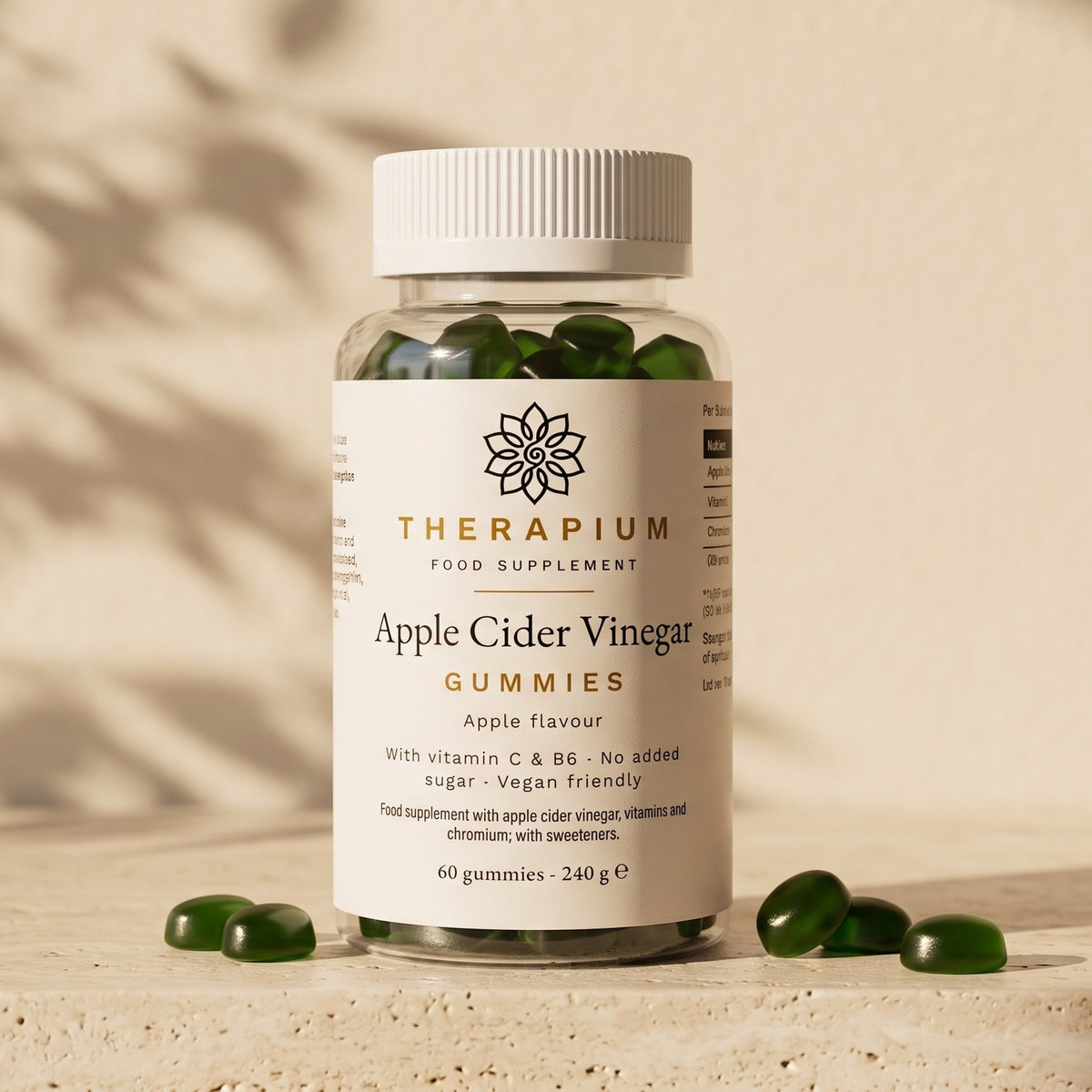 Therapium Apple Cider Vinegar Gummies jar on a travertine stone ledge in warm morning light