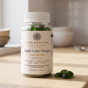 Therapium Apple Cider Vinegar Gummies jar on a kitchen counter beside loose green gummies