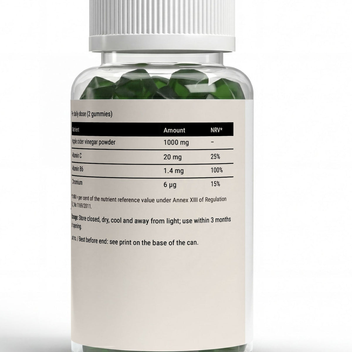 Back label of the jar: apple cider vinegar powder 1000 mg, vitamin C 20 mg, vitamin B6 1.4 mg and chromium 6 micrograms per daily dose of two gummies