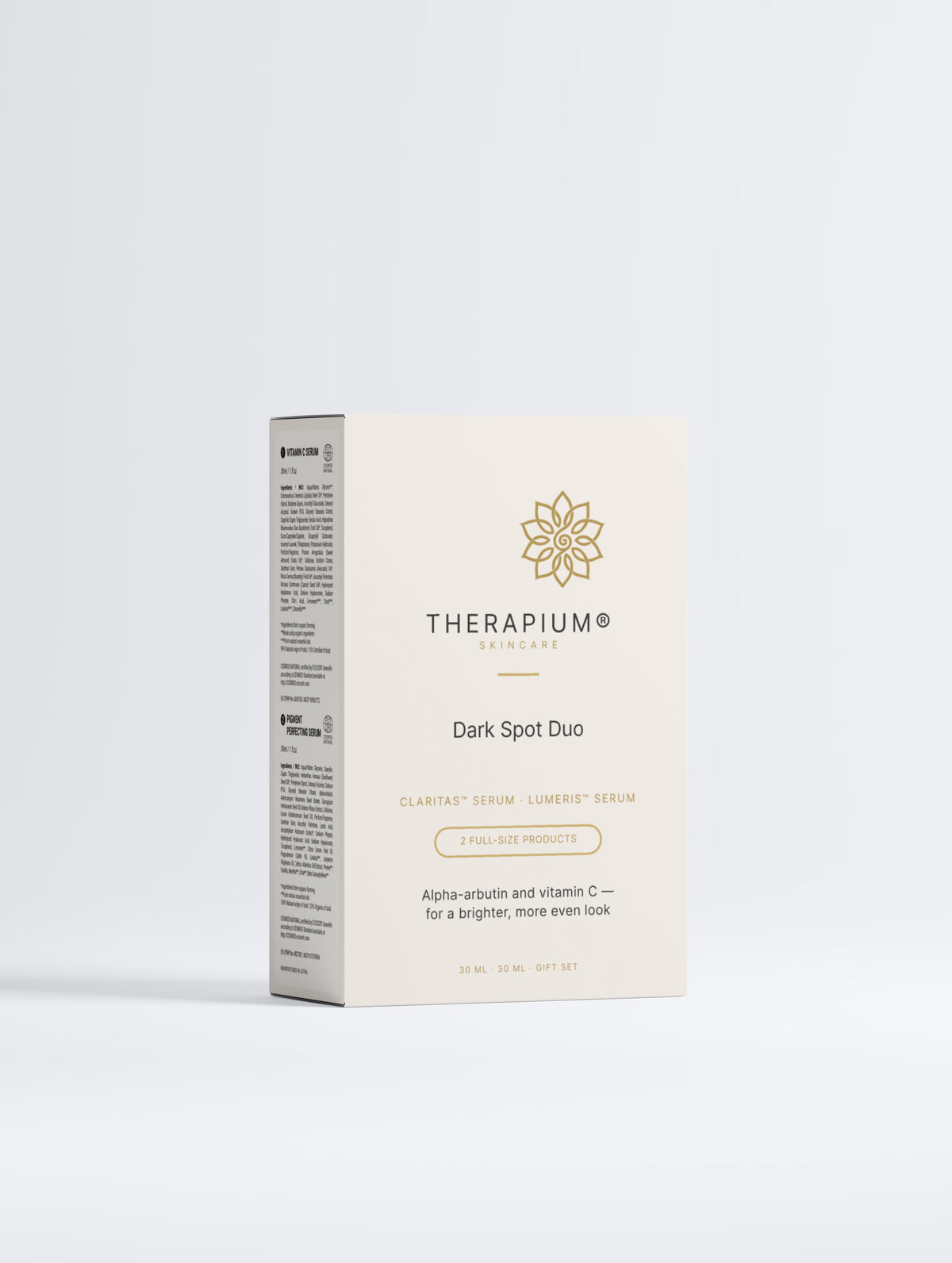 Therapium Dark Spot Duo gift box, front of the printed sleeve on a plain studio background
