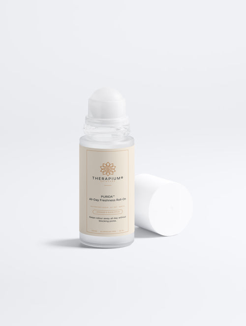 Therapium PURIDA Aluminium-Free Roll-On Deodorant, Lavender & Eucalyptus, 50 ml white roll-on with cream label, front view on a plain studio background