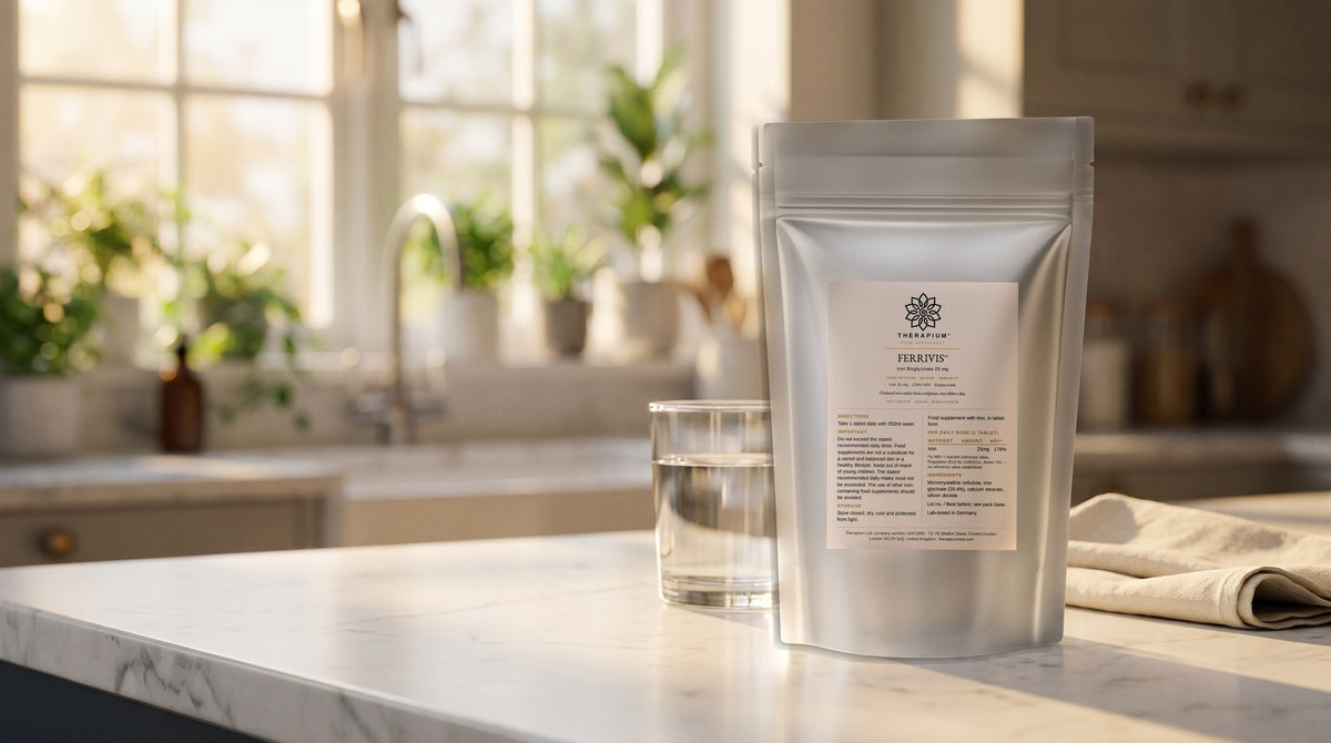 Therapium FERRIVIS™ Iron Bisglycinate 25 mg — 500 tablets in a cinematic scene