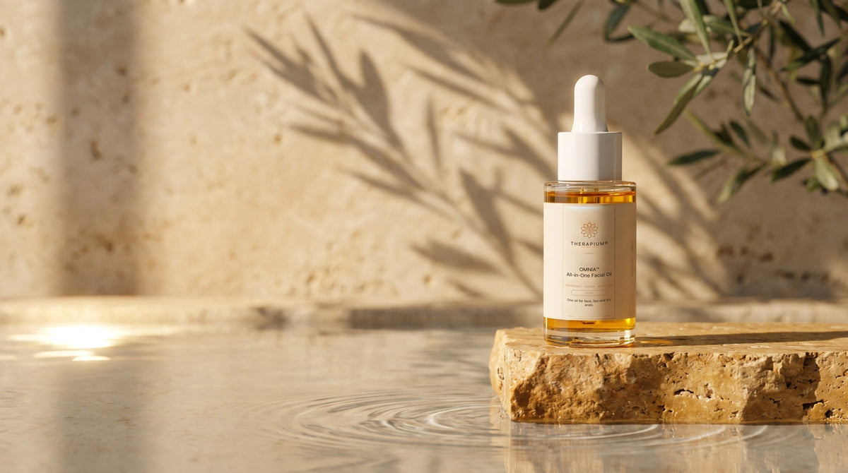 Therapium OMNIA™ All-in-One Facial Oil in a cinematic scene