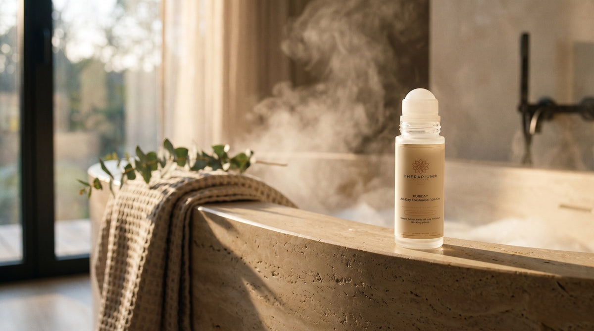 Therapium PURIDA™ All-Day Freshness Roll-On in a cinematic scene