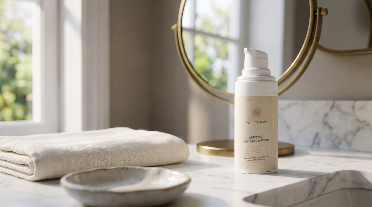 Therapium AETERNIS™ Anti-Age Day Cream in a cinematic scene