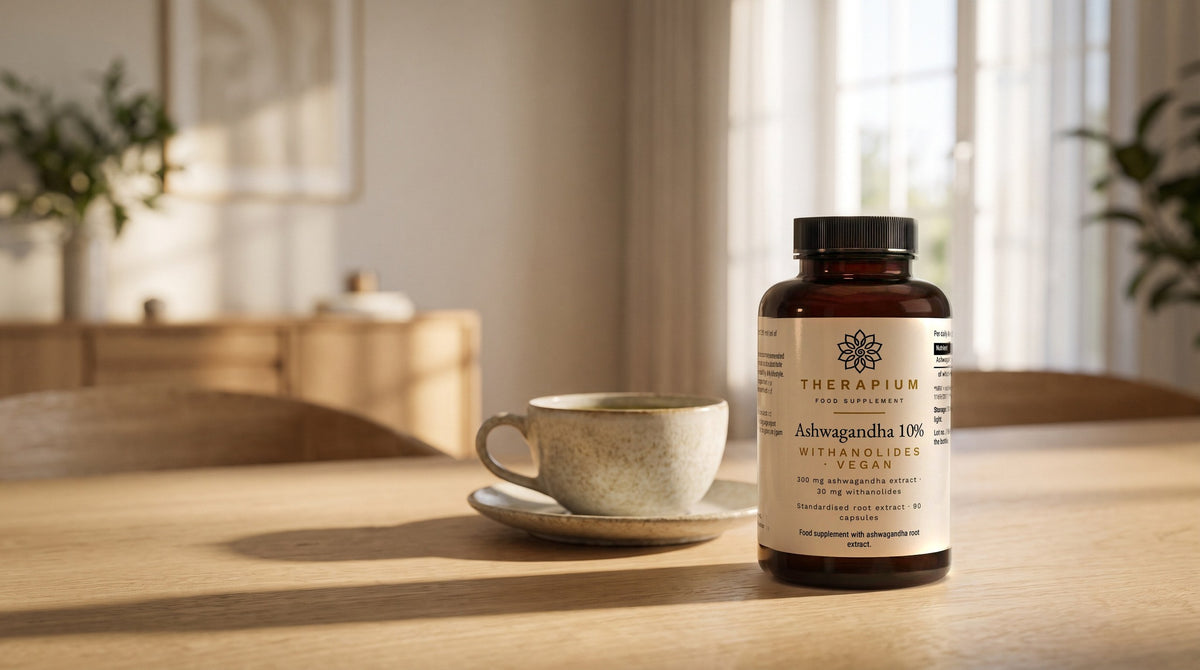 Therapium ASHVARIS™ Ashwagandha 10% Withanolides — 90 capsules in a cinematic scene