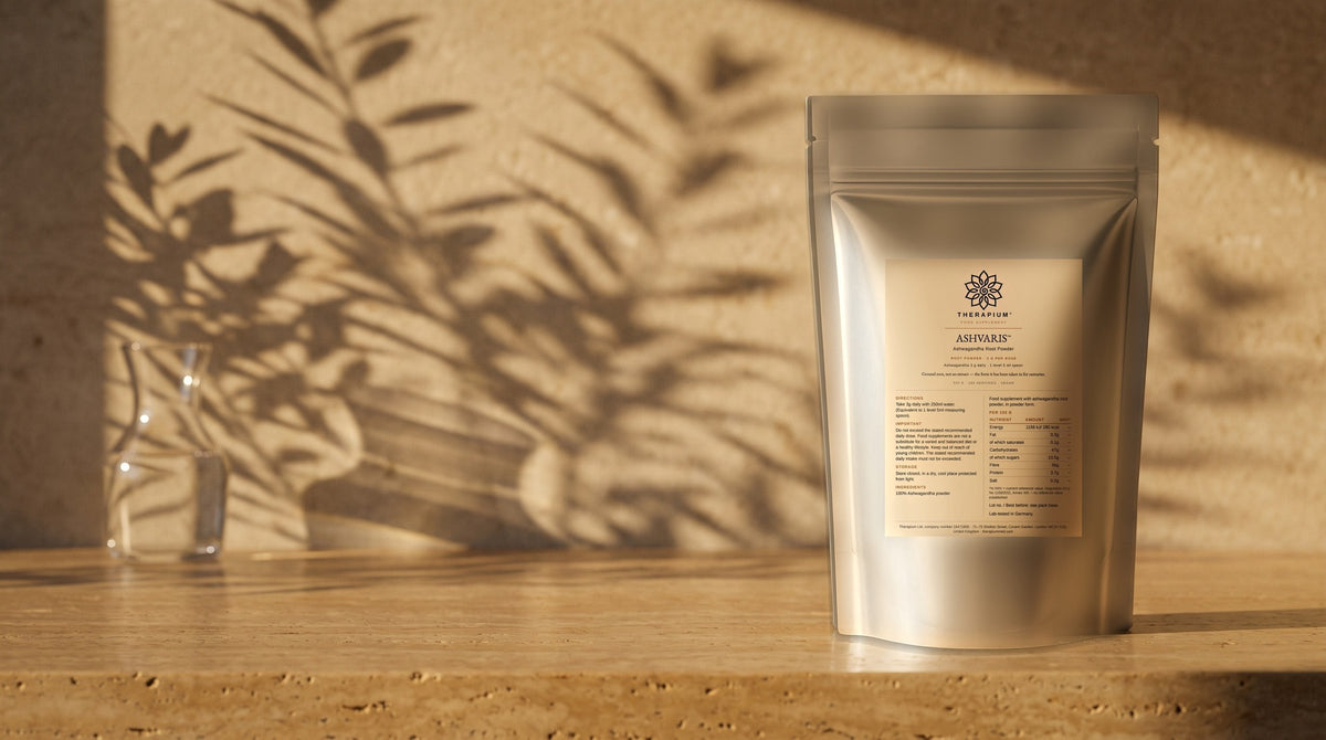 Therapium ASHVARIS™ Ashwagandha Root Powder — 500 g in a cinematic scene