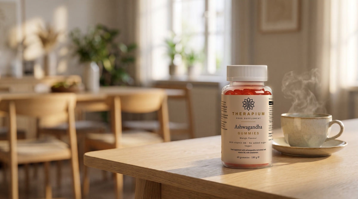 Therapium Ashwagandha Gummies — 60 mango gummies with vitamin B6 in a cinematic scene