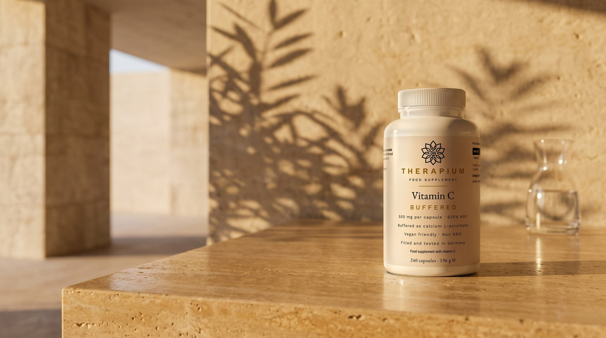 Therapium ASCORIS™ Buffered Vitamin C 500 mg — 240 capsules in a cinematic scene