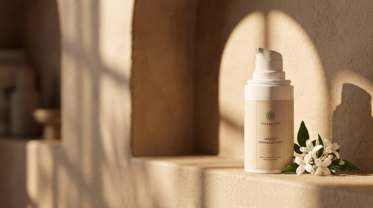 Therapium SERAVIA™ Calming Eye Cream in a cinematic scene