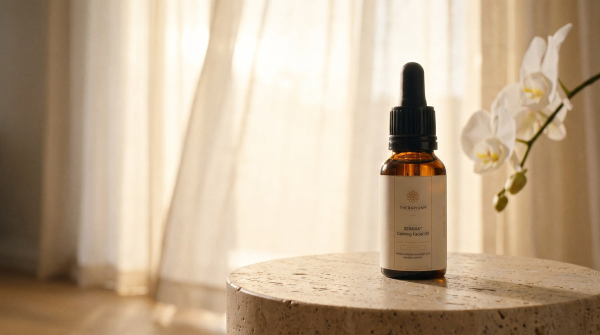 Therapium SERAVIA™ Calming Facial Oil in a cinematic scene
