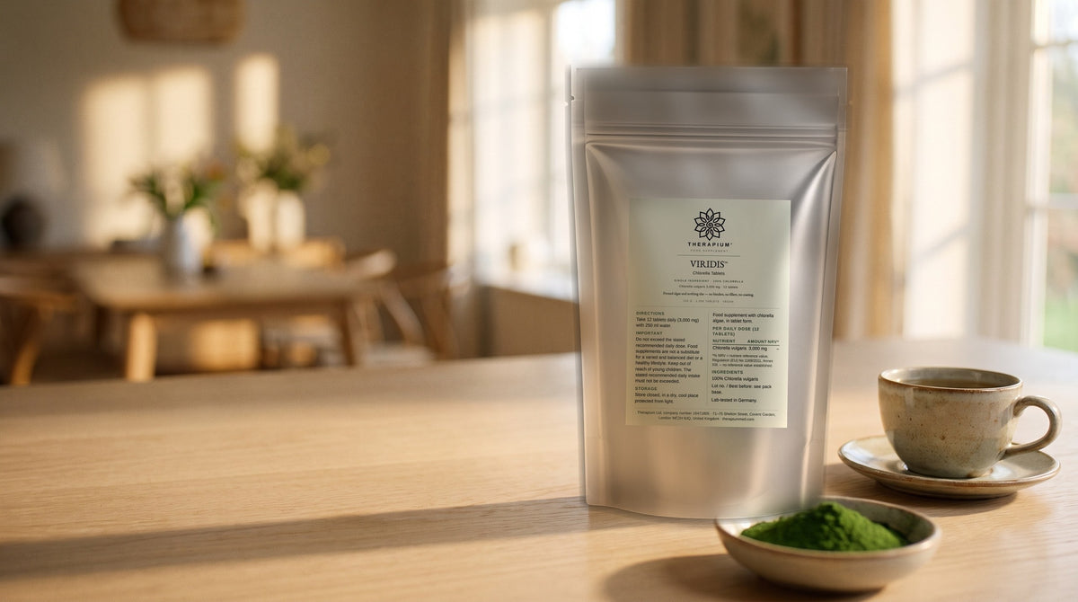 Therapium VIRIDIS™ Chlorella Tablets — 1,000 tablets, 250 g in a cinematic scene