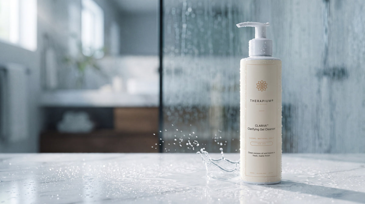 Therapium CLARIVA™ Clarifying Gel Cleanser in a cinematic scene