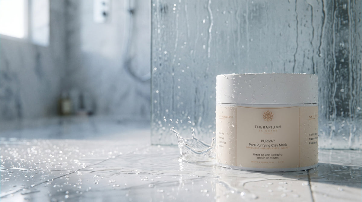 Therapium PURIVA™ Pore Purifying Clay Mask in a cinematic scene